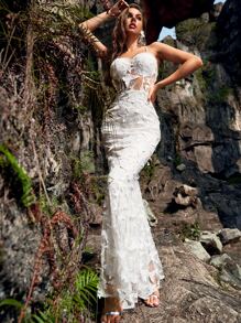 YISIKADO Váy dạ hội Maxi Cami ren guipure đính họa tiết bướm, váy dạ hội trang trọng thanh lịch màu trắng, dành cho khách dự tiệc cưới, tốt nghiệp, tiệc tối, váy dự tiệc - trắng - Xem 5