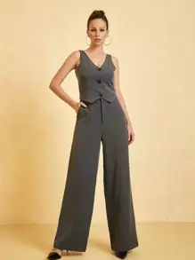 UNIQUE21 Women Suit Pants Nút Túi Dây kéo màu trơn - Màu xám đen - Xem 1