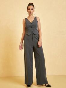 UNIQUE21 Women Suit Pants Nút Túi Dây kéo màu trơn - Màu xám đen - Xem 5