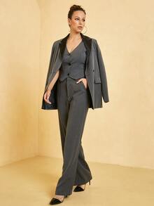 UNIQUE21 Women Suit Pants Nút Túi Dây kéo màu trơn - Màu xám đen - Xem 6