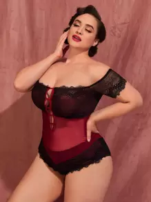 Plus Contrast Lace Mesh Teddy Bodysuit - Burgundy - View 1
