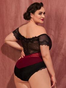 Plus Contrast Lace Mesh Teddy Bodysuit - Burgundy - View 2