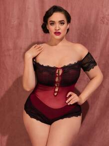 Plus Contrast Lace Mesh Teddy Bodysuit - Burgundy - View 3