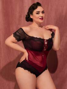 Plus Contrast Lace Mesh Teddy Bodysuit - Burgundy - View 4