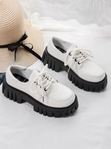 新款春季英伦风黑色厚底系带厚底乐福鞋，复古日本学生玛丽珍鞋 - 白色 - 查看 4