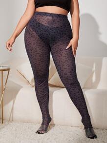 大碼豹紋網紗包腳緊身打底褲不帶內褲 - 黑色 - 查看 3