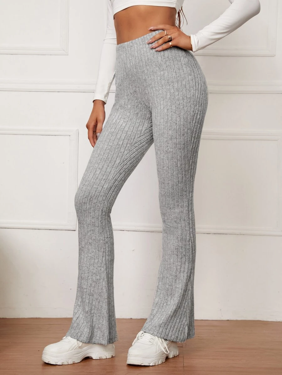 SHEIN Tall High Waist Rib Knit Flare Leg Trousers - Light Grey - View 1