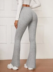 SHEIN Tall High Waist Rib Knit Flare Leg Trousers - Light Grey - View 2