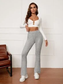 SHEIN Tall High Waist Rib Knit Flare Leg Trousers - Light Grey - View 3