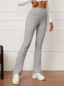 SHEIN Tall High Waist Rib Knit Flare Leg Trousers - Light Grey - View 4