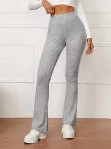 SHEIN Tall High Waist Rib Knit Flare Leg Trousers - Light Grey - View 5