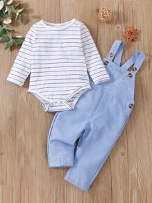 男嬰條紋圖案連體衣帶背帶褲 - 藍白色 - 查看 8