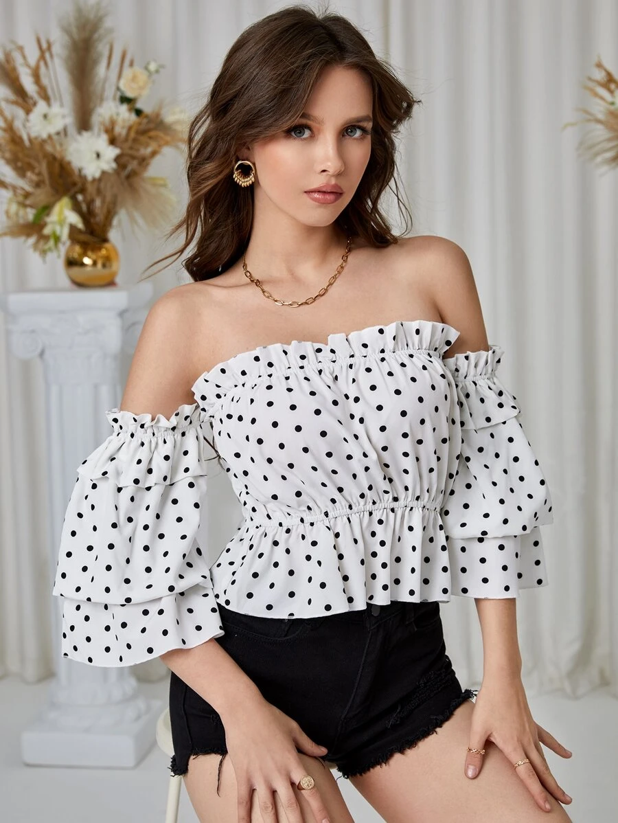 Polka Dot Off Shoulder Blouse - White - View 1
