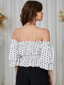 Polka Dot Off Shoulder Blouse - White - View 2
