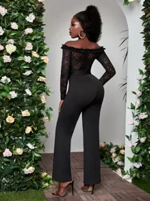 SHEIN SXY 一字肩褶邊腰帶蕾絲連身褲 - 黑色 - 查看 2