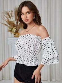 Polka Dot Off Shoulder Blouse - White - View 5