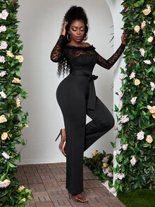 SHEIN SXY 一字肩褶邊腰帶蕾絲連身褲 - 黑色 - 查看 3