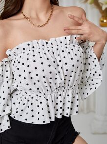Polka Dot Off Shoulder Blouse - White - View 6