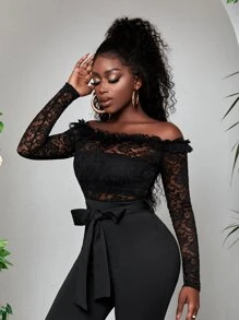 SHEIN SXY 一字肩褶邊腰帶蕾絲連身褲 - 黑色 - 查看 4