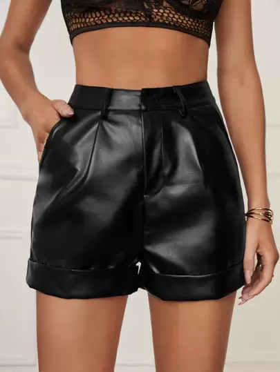 SHEIN Tall Roll Hem Plicated Detail PU Shorts