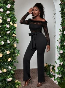 SHEIN SXY 一字肩褶邊腰帶蕾絲連身褲 - 黑色 - 查看 5