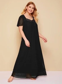 SHEIN Unity Plus Embroidered Mesh Trim Tie Front Night Dress