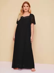 SHEIN Unity Plus Embroidered Mesh Trim Tie Front Night Dress