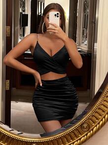 SHEIN SXY Bộ đồ hai mảnh nữ Pha lê kim cương Xù Trọn gói màu trơn Gợi cảm - màu đen - Xem 1