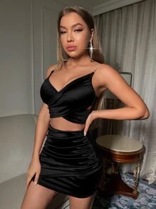 SHEIN SXY Bộ đồ hai mảnh nữ Pha lê kim cương Xù Trọn gói màu trơn Gợi cảm - màu đen - Xem 3