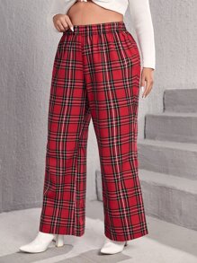 Plus High Waist Tartan Wide Leg Trousers - Burgundy - View 1