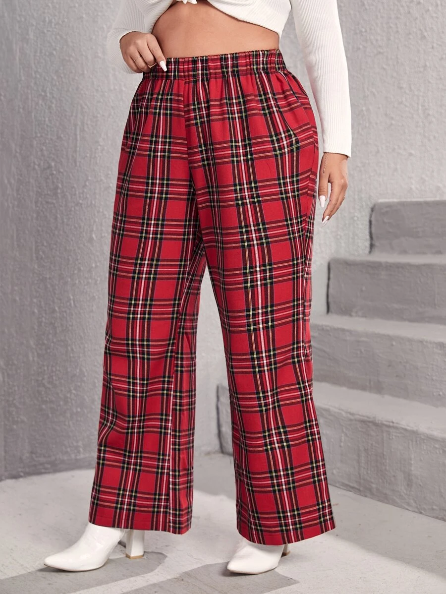 Plus High Waist Tartan Wide Leg Trousers - Burgundy - View 1