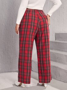 Plus High Waist Tartan Wide Leg Trousers - Burgundy - View 2