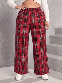 Plus High Waist Tartan Wide Leg Trousers - Burgundy - View 3