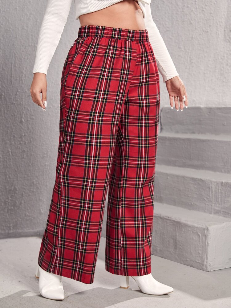 Plus High Waist Tartan Wide Leg Trousers - Burgundy - View 4
