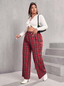 Plus High Waist Tartan Wide Leg Trousers - Burgundy - View 5