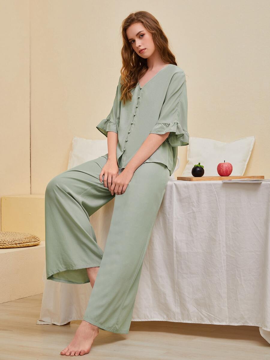 SHEIN Unity 荷葉袖前紐扣上衣和闊腿褲睡衣套裝 - 薄荷綠 - 查看 1