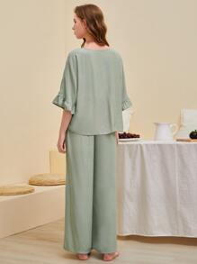 SHEIN Unity 荷葉袖前紐扣上衣和闊腿褲睡衣套裝 - 薄荷綠 - 查看 2