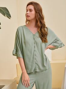 SHEIN Unity 荷葉袖前紐扣上衣和闊腿褲睡衣套裝 - 薄荷綠 - 查看 3