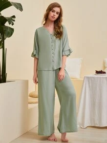 SHEIN Unity 荷葉袖前紐扣上衣和闊腿褲睡衣套裝 - 薄荷綠 - 查看 4