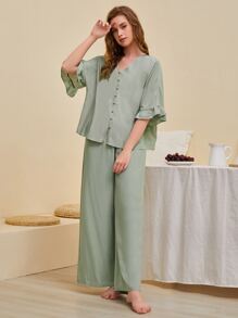 SHEIN Unity 荷葉袖前紐扣上衣和闊腿褲睡衣套裝 - 薄荷綠 - 查看 5