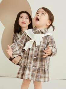 小女童1入組格紋燈籠袖襯衫連衣裙帶披肩