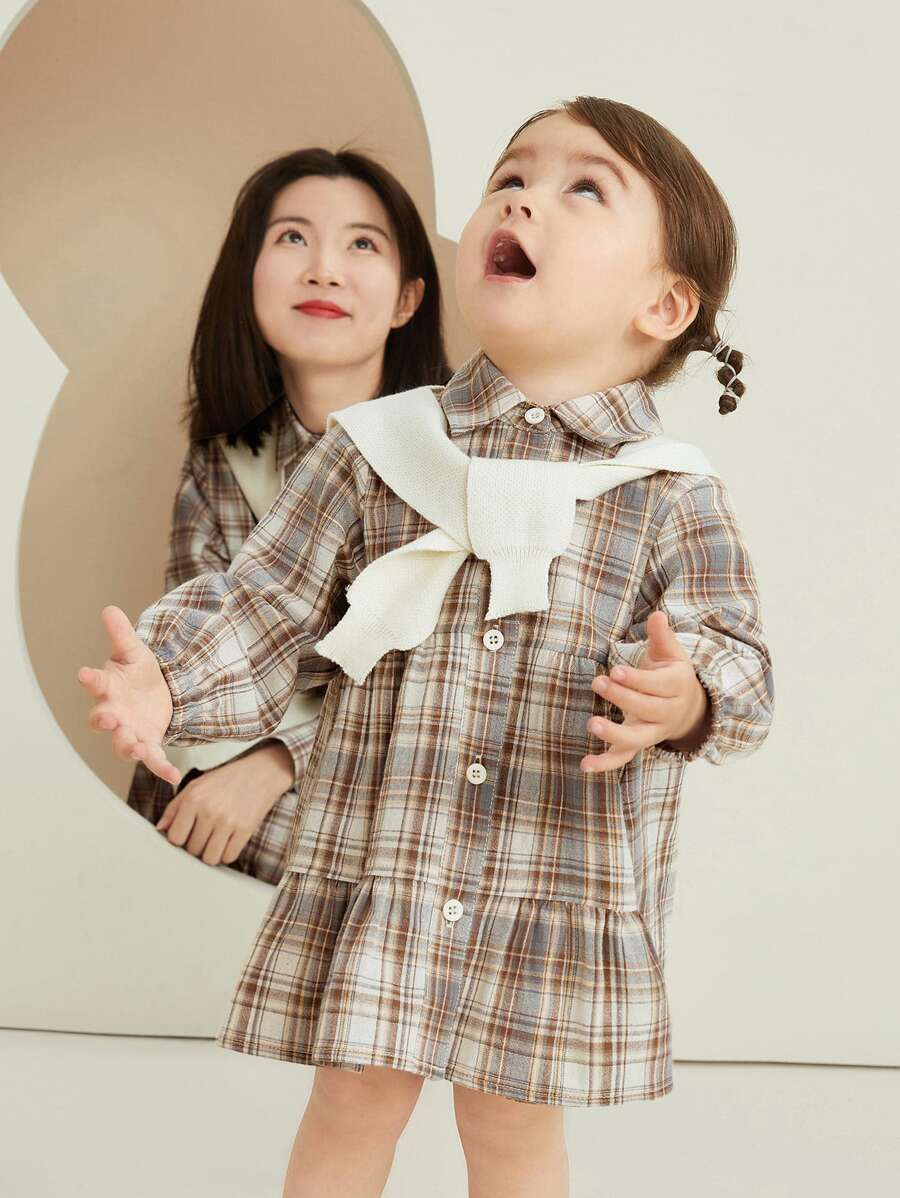 小女童1入組格紋燈籠袖襯衫連衣裙帶披肩