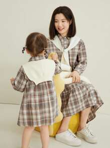 小女童1入組格紋燈籠袖襯衫連衣裙帶披肩