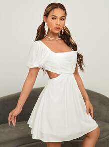 Vestido de cintura con abertura de espalda abierta - Blanco - Ver 3
