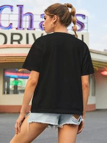 Áo thun nữ Đồ họa Lá thư Giải trí - màu đen - Xem 2