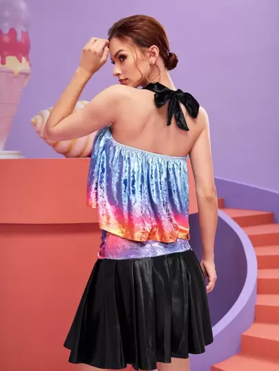 YiFan Yao Designer Women Tie Back Ombre Velvet Halter Top, For Summer, Holiday, Going Out, Festival