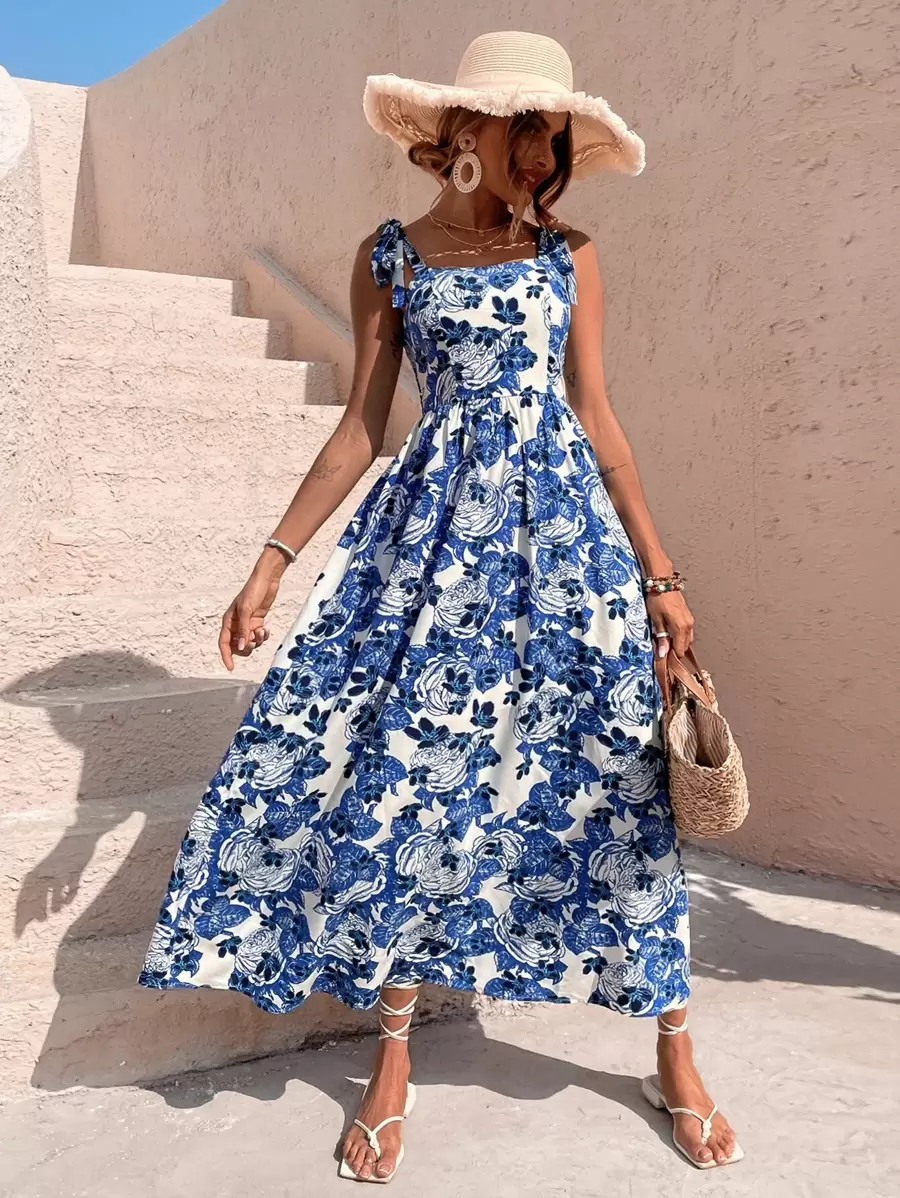 Breezaya Đầm Maxi In Hoa Buộc Vai Co Giãn Lưng Cao Trang Phục Đi Biển Cho Nữ - Xanh và trắng - Xem 1