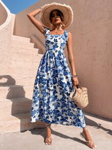 Breezaya Đầm Maxi In Hoa Buộc Vai Co Giãn Lưng Cao Trang Phục Đi Biển Cho Nữ - Xanh và trắng - Xem 3
