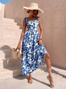 Breezaya Đầm Maxi In Hoa Buộc Vai Co Giãn Lưng Cao Trang Phục Đi Biển Cho Nữ - Xanh và trắng - Xem 4