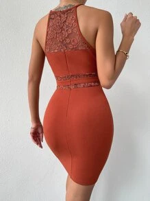 Contrast Lace Bandage Bodycon Dress - Burnt Orange - View 2